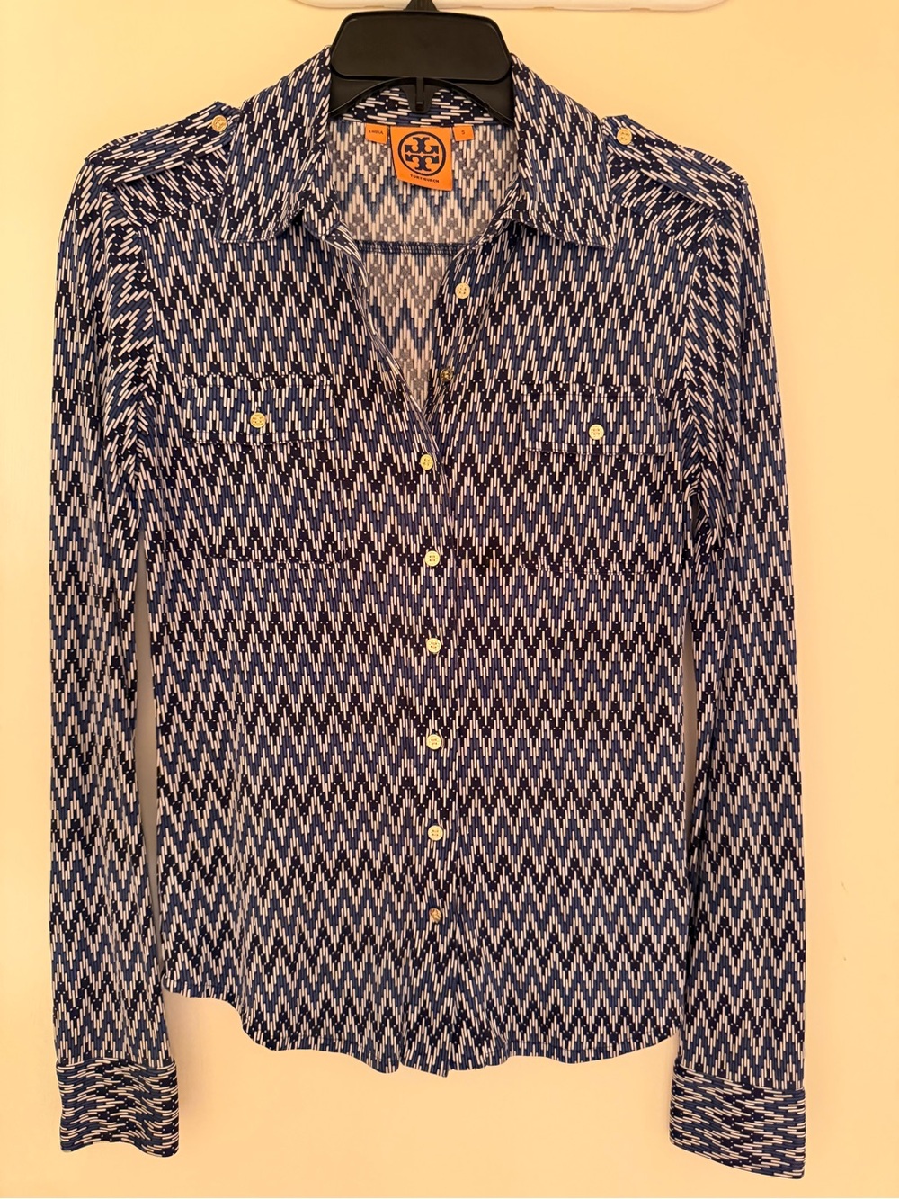 Tory Burch Navy and White Geometric Button-Down Shirt